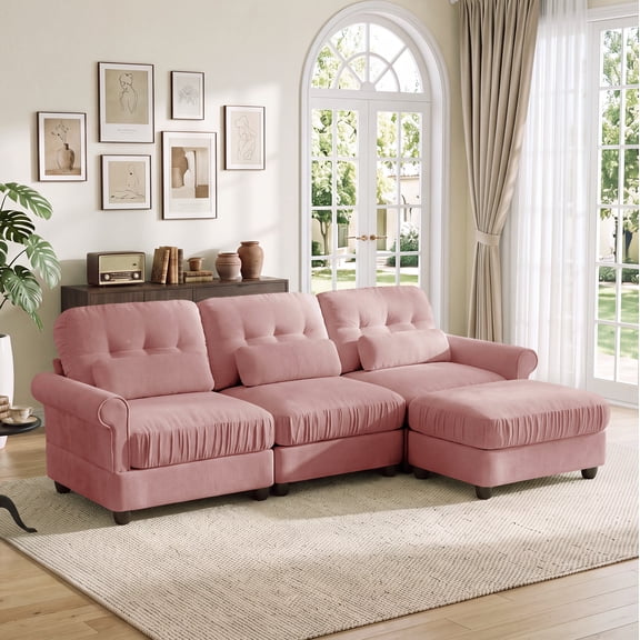 Hvoonc 98" Modular Sectional Sofa for Living Room, L Shaped Couch with Ottoman Chaise, Chenille Upholstery, Pink