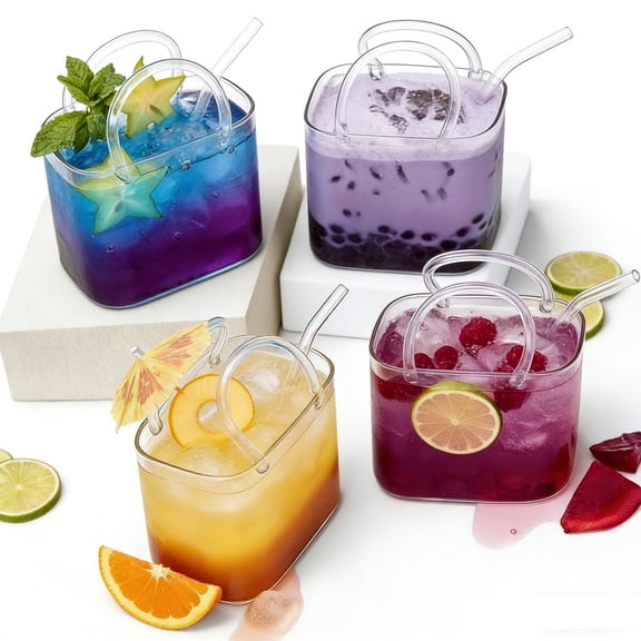 Purse Drinking Glass, Glass Purse for Drinks, Unique Glass Purse Cup with Straw, Decorative Glass Handbag Vase for Cute Room Decor, Fruit Juice, Tea, Flowers(1pcs)