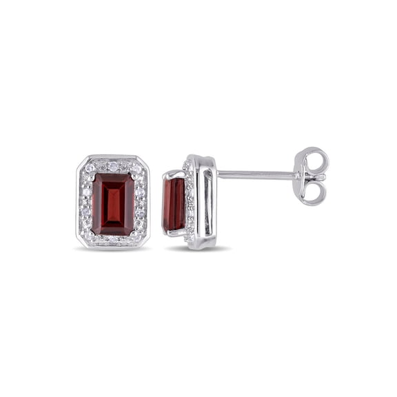1.50 Carat (Ctw) Garnet Emerald-Cut Solitaire Stud Earrings in Sterling Silver with Accent Diamonds for Women