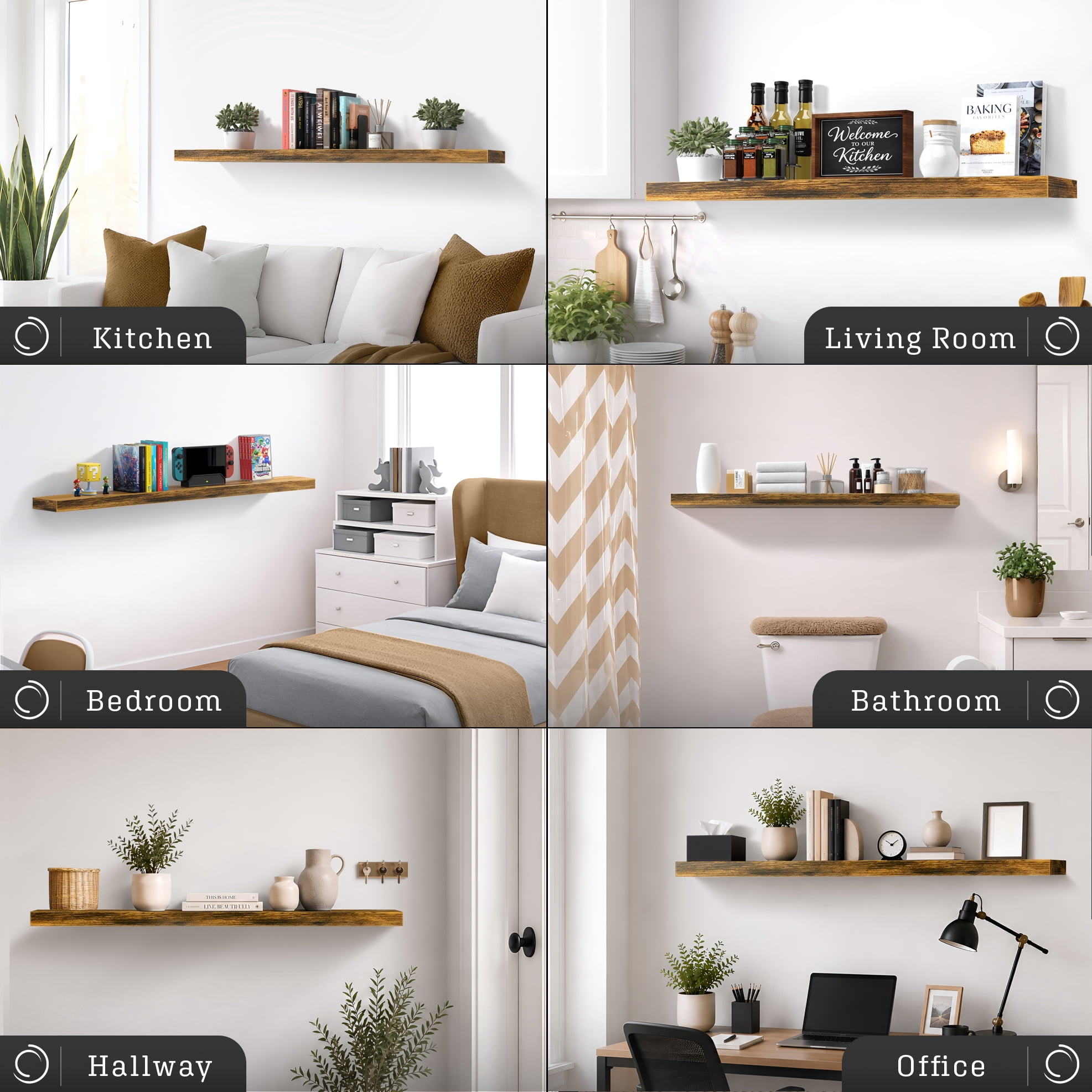 Sorbus 55" Floating Wall Shelf, Brown, Invisible Brackets, Bathroom, Bedroom & Home Decor