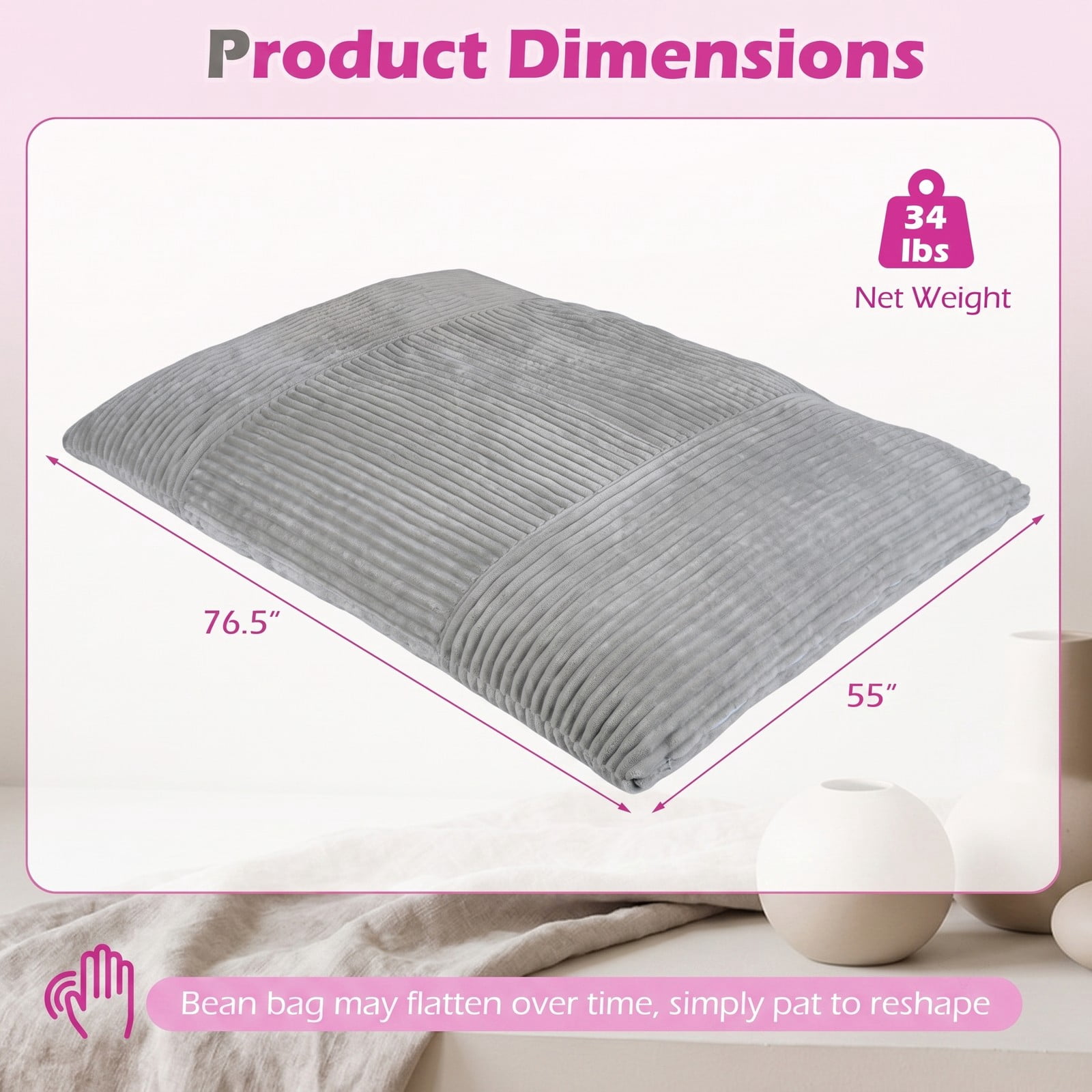 Furnibear Convertible Bean Bag Floor Sofa, Corduroy Machine-Washable Cover Shredded Foam Lounger Bean Bag Bed for Living Room Gaming Reading Dorm Naps, Gray