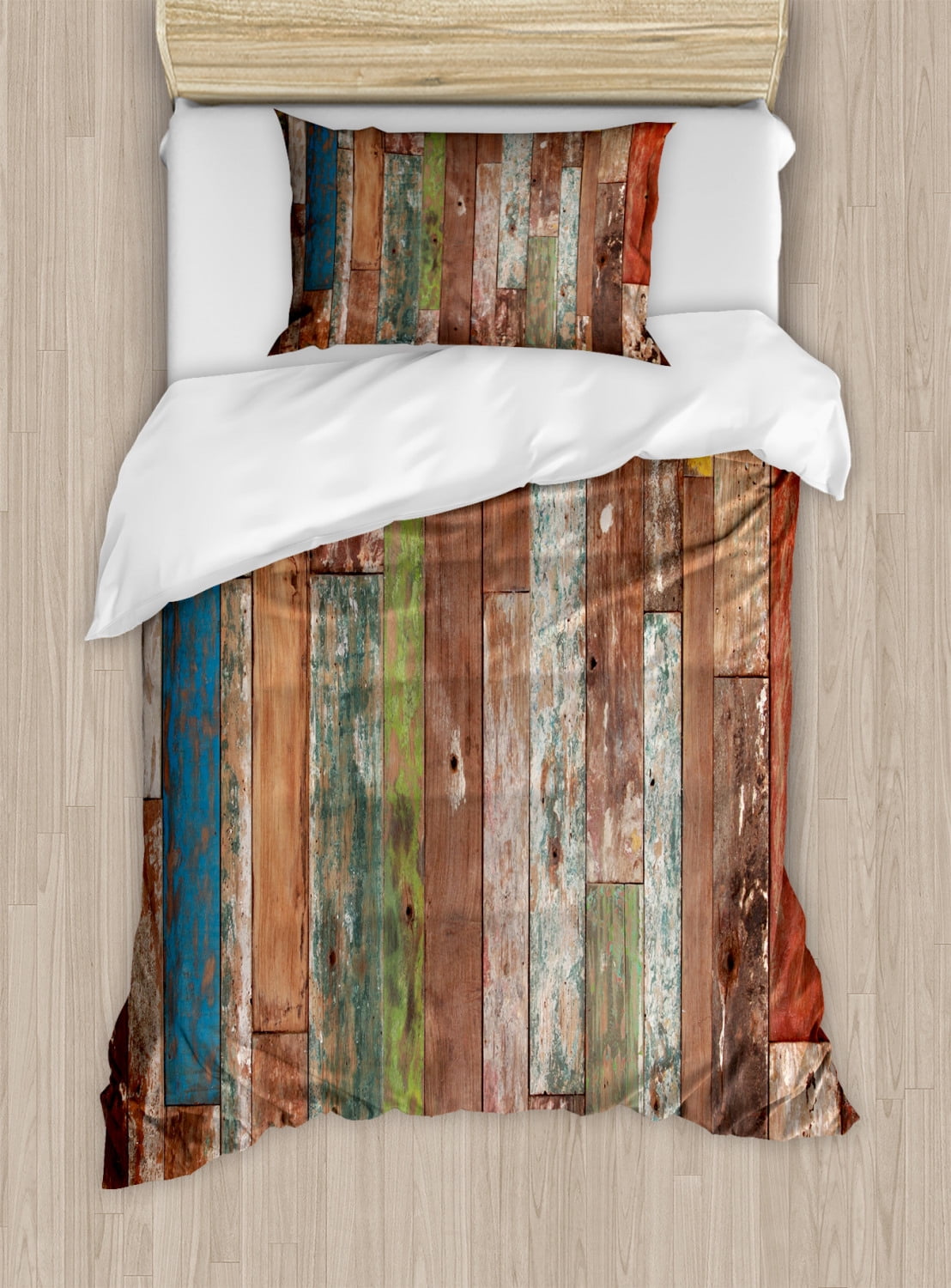Rustic Duvet Cover Set Twin Size, Grunge Style Planks Print Weathered Old Look Vintage