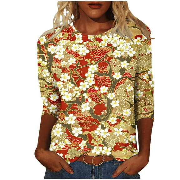 CYMMPU 3/4 Sleeve Blouses for Women Dressy Casual Round Neck Tunic Tops Flower Pattern Fall Trendy Shirts Spring Tops Loose Fit Lightweight Basic Tees Multicolor XL