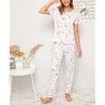 thumbnail image 2 of Conjunto De Pijamas Top De Manga Corta Patrón De Impresión Elegante Ropa De Dormir De Cuello Redondo Suelta Transpirable con Pantalones Largos Pájaro Blanco M, 2 of 6