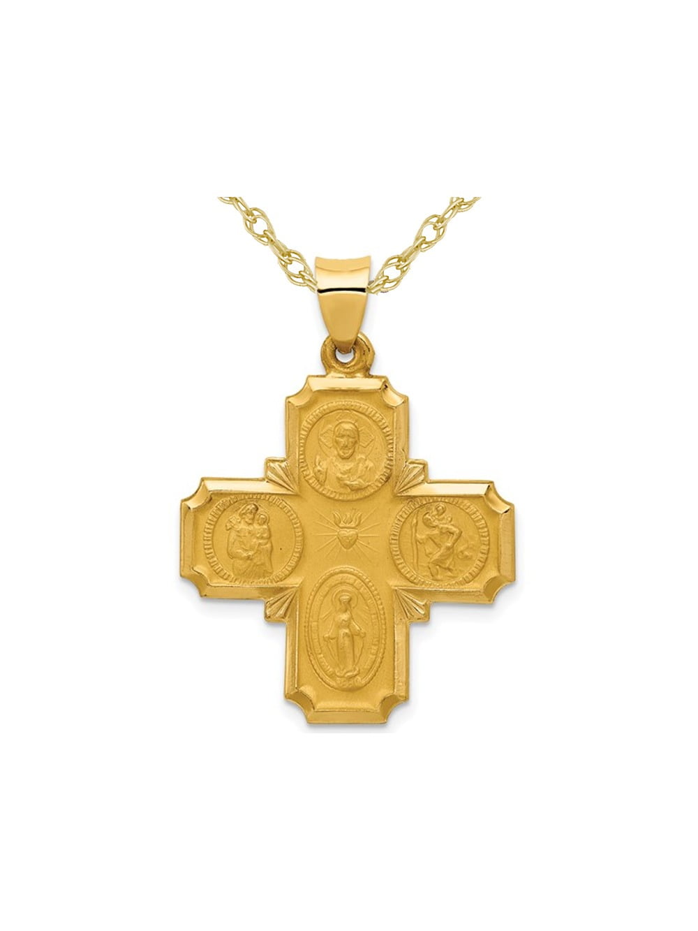 14k Yellow Gold Medium Textured Filigree Catholic Cross Pendant with Cuban Necklace