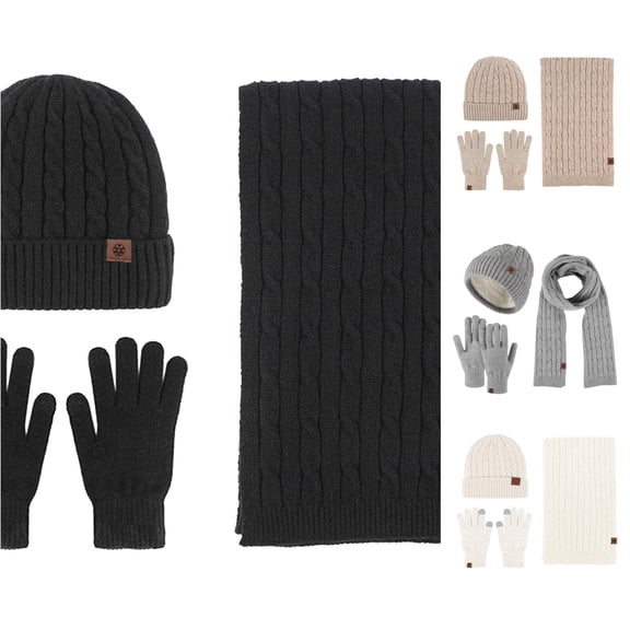 XIAOCHA Mens Rib‑Knit Patch‑Label Beanie Solid Outdoor Commute Neck‑Gaiter Fall Winter Touch‑Screen Gloves,Black