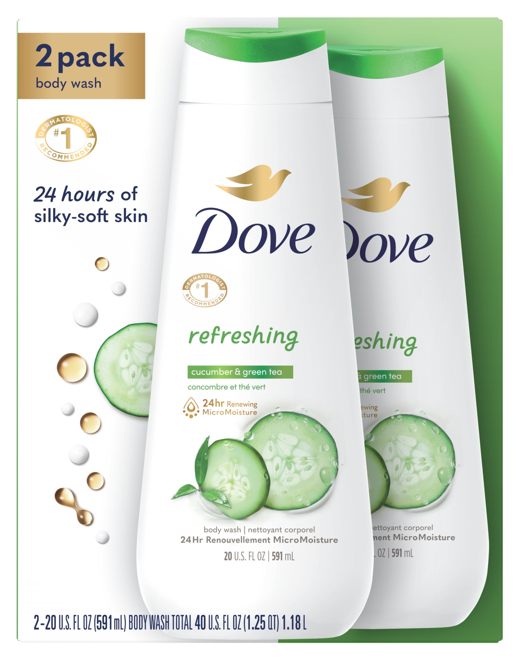 Dove Refreshing Liquid Body Wash Cucumber and Green Tea Cleanser, 20 oz, 2 Count