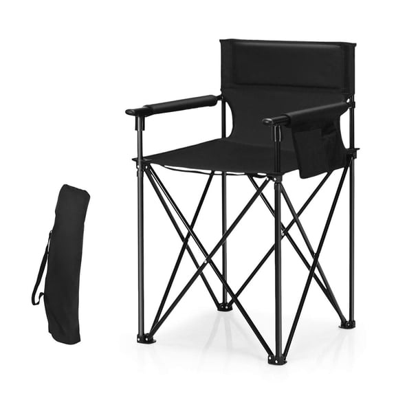 Folding Camping Chair, Tall Director Style, with Storage Pouches, Detachable Armrests, Carrying Bag, and 250-Pound Capacity for Outdoor Fishing, Picnic, Lawn, BBQ, and Beach, Black
