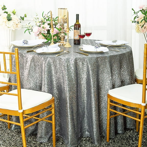 Wedding Linens Inc. 132" Round Sequin Taffeta Tablecloth - Silver