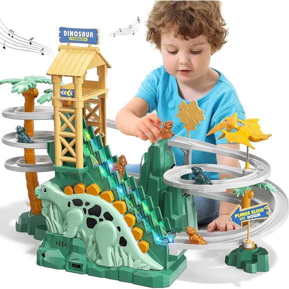 WQFSTORE Dinosaur Electric Racing Track Toys for Toddlers, Automatic Climbing Slide Stair Set with Light and Music,Birthday Gifts for Boys Girls Ages 3-6