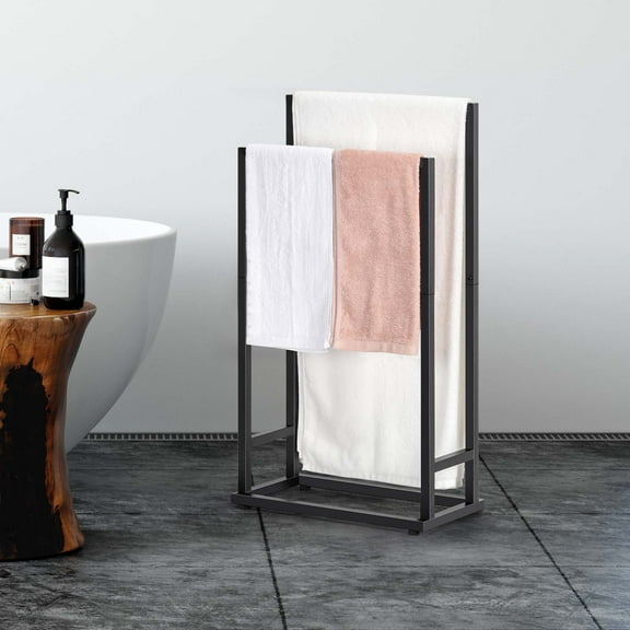Freestanding Towel Racks, 2 Tier Towel Holder Stand for Bathroom, Hand Towel Drying Rack, Matte Black Metal Steel Industrial Towel Drying Rack for Hand Towels Blanket