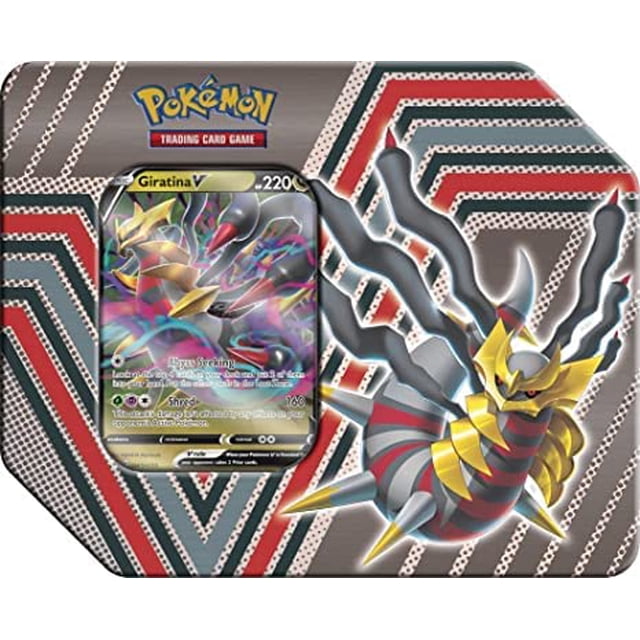 pokémon tcg: estaño potencial oculto - giratina v multicolor estaño con tarjeta Giratina V visible en ventana central y gran ilustración de Giratina a la derecha; diseño metálico octogonal con patrones de chevrón rojo, verde azulado y gris y logo de Pokémon en la parte superior, tarjeta coleccionable incluida.