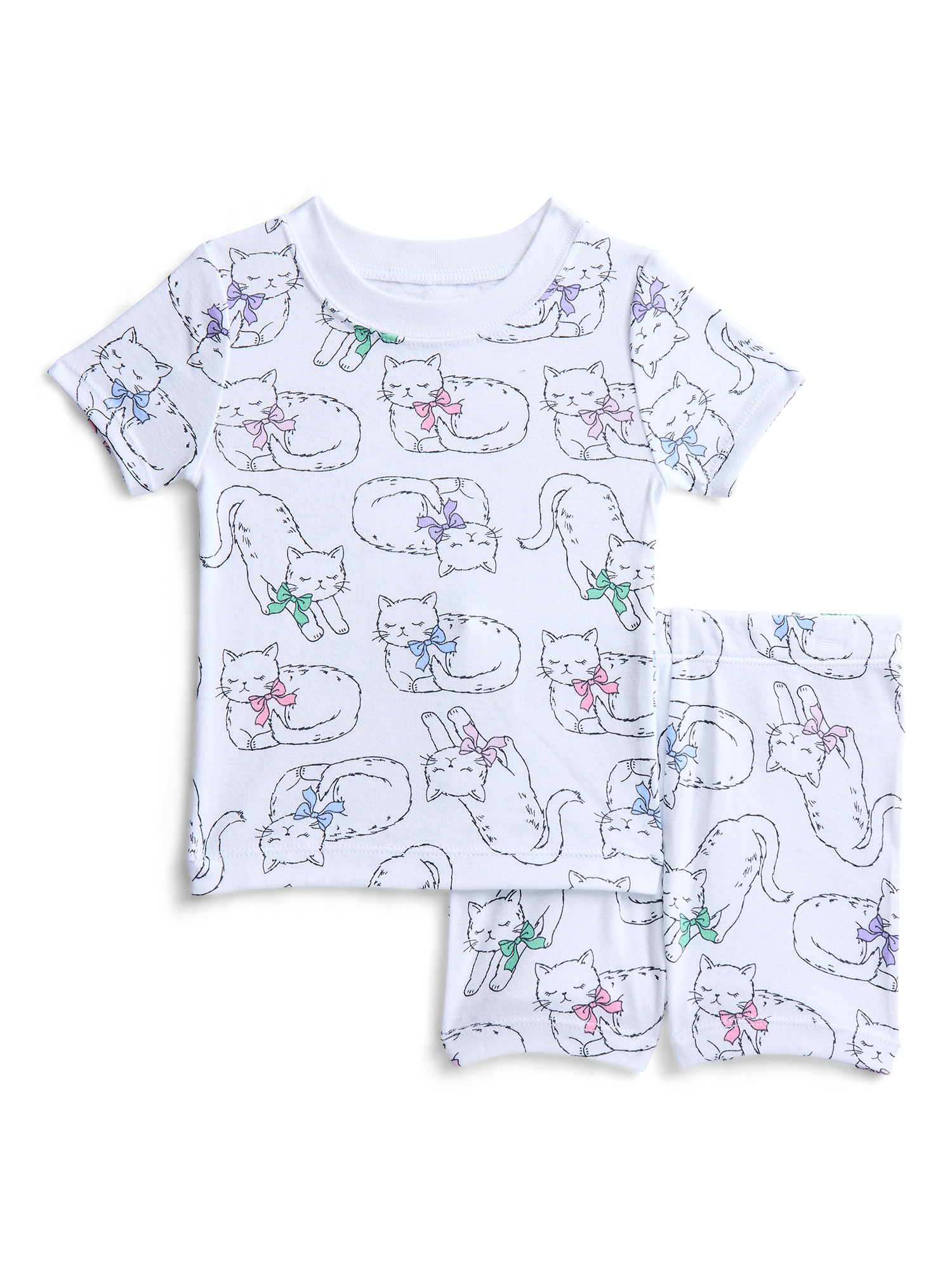 Wonder Nation Toddler Girls Short Sleeve Tee and Shorts Cotton Tight Fit Pajama Set, 4-Piece, Sizes 12M-5T