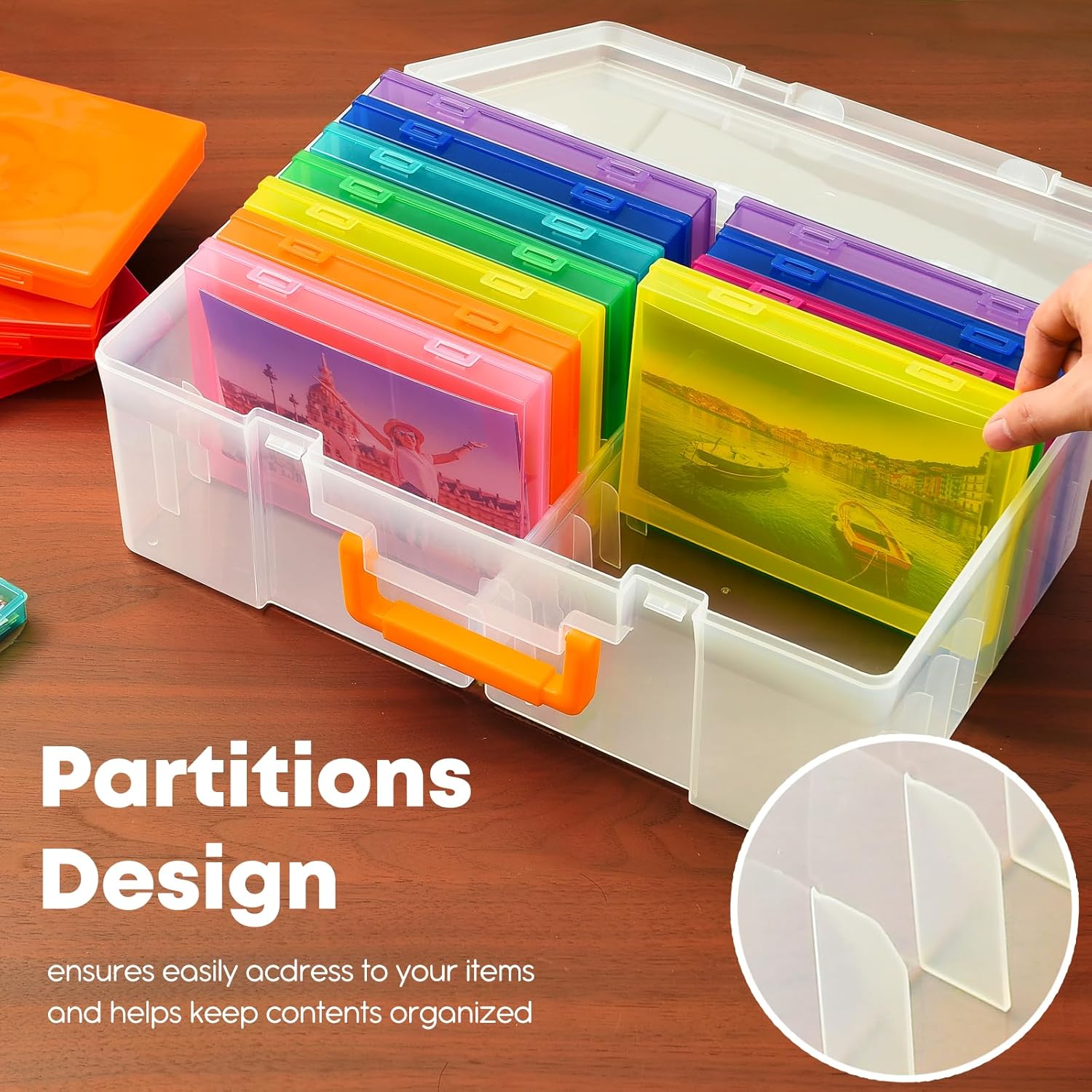 Photo Storage Box 5" x 7" with Handle, 18 pcs Inner Photo Containers Organizer and Craft Keeper, Portable Picture Case with Label for Seed, Arts, Crafts, Sewing, Stickers, Office - Colorful