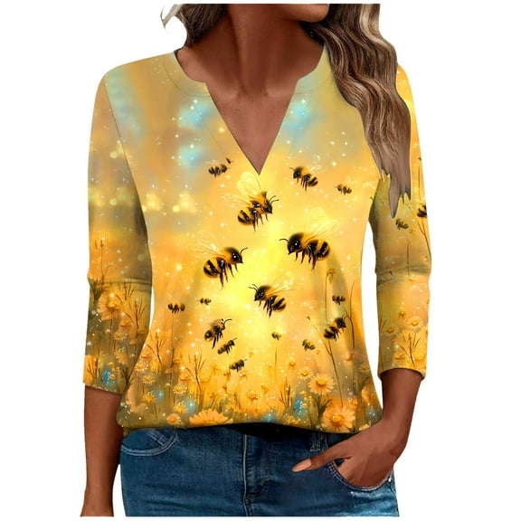 CYMMPU Summer Fashion Shirts 3/4 Sleeve V Neck Tunic Tops Boho Blouses for Women Dressy Casual Loose Fit Bee Pattern Spring Tops Business Elegant Work Topss Multicolor XXXL