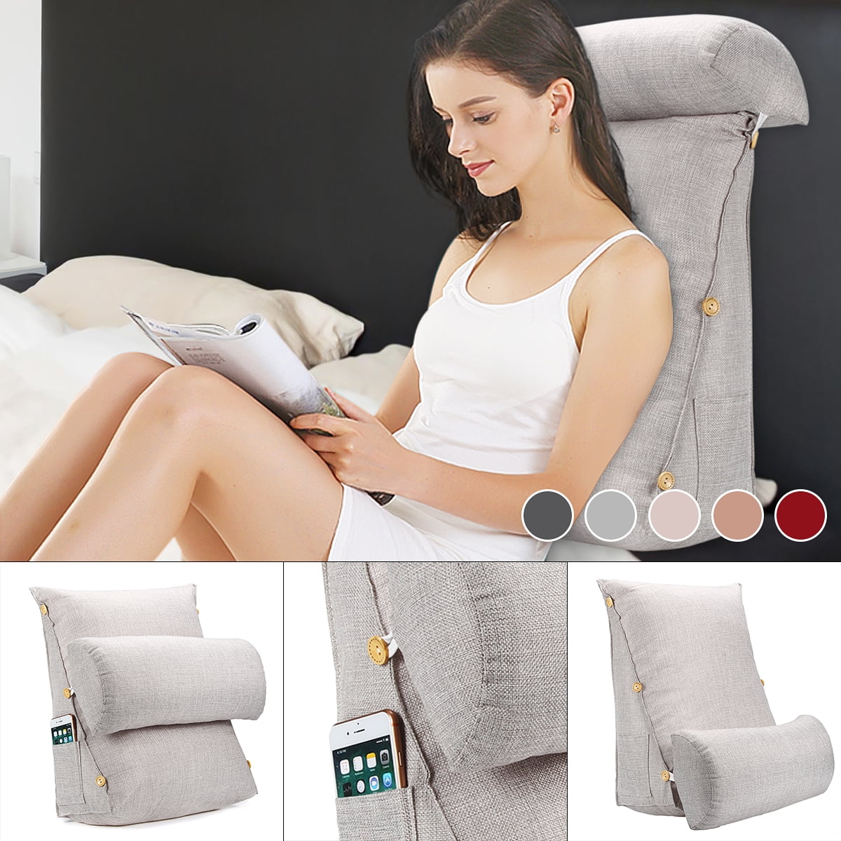 Adjustable Cotton Back Wedge Cushion Washable Back Pillow w/ Side