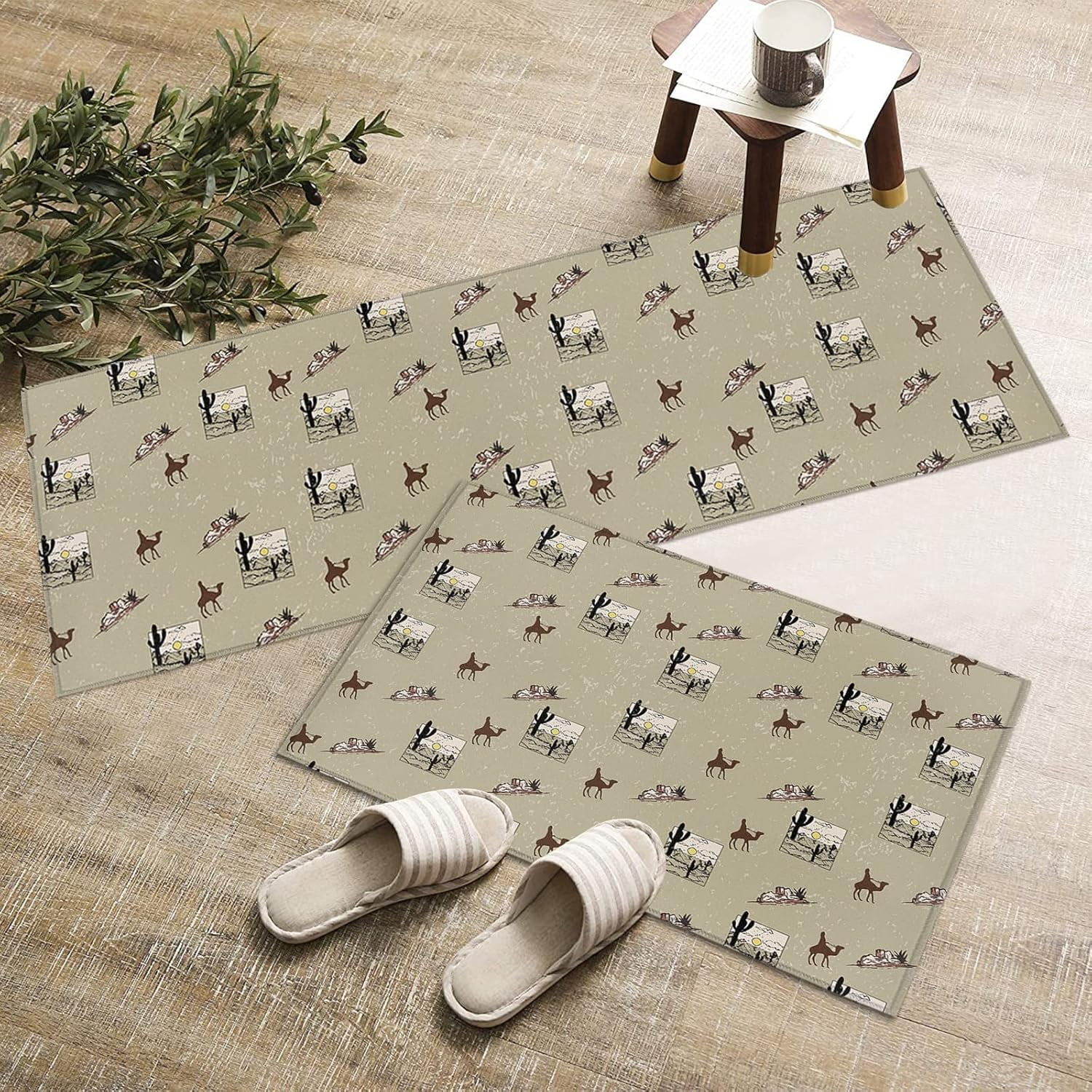 Kitchen Rugs and Mats Set of 2, Desert Theme Camel Mountain and Cactus Plant Non-Slip Floor Doormat Comfort Area Runner Rug and Mat, Tropical Botanical Indoor Entrance Carpet Home Decor