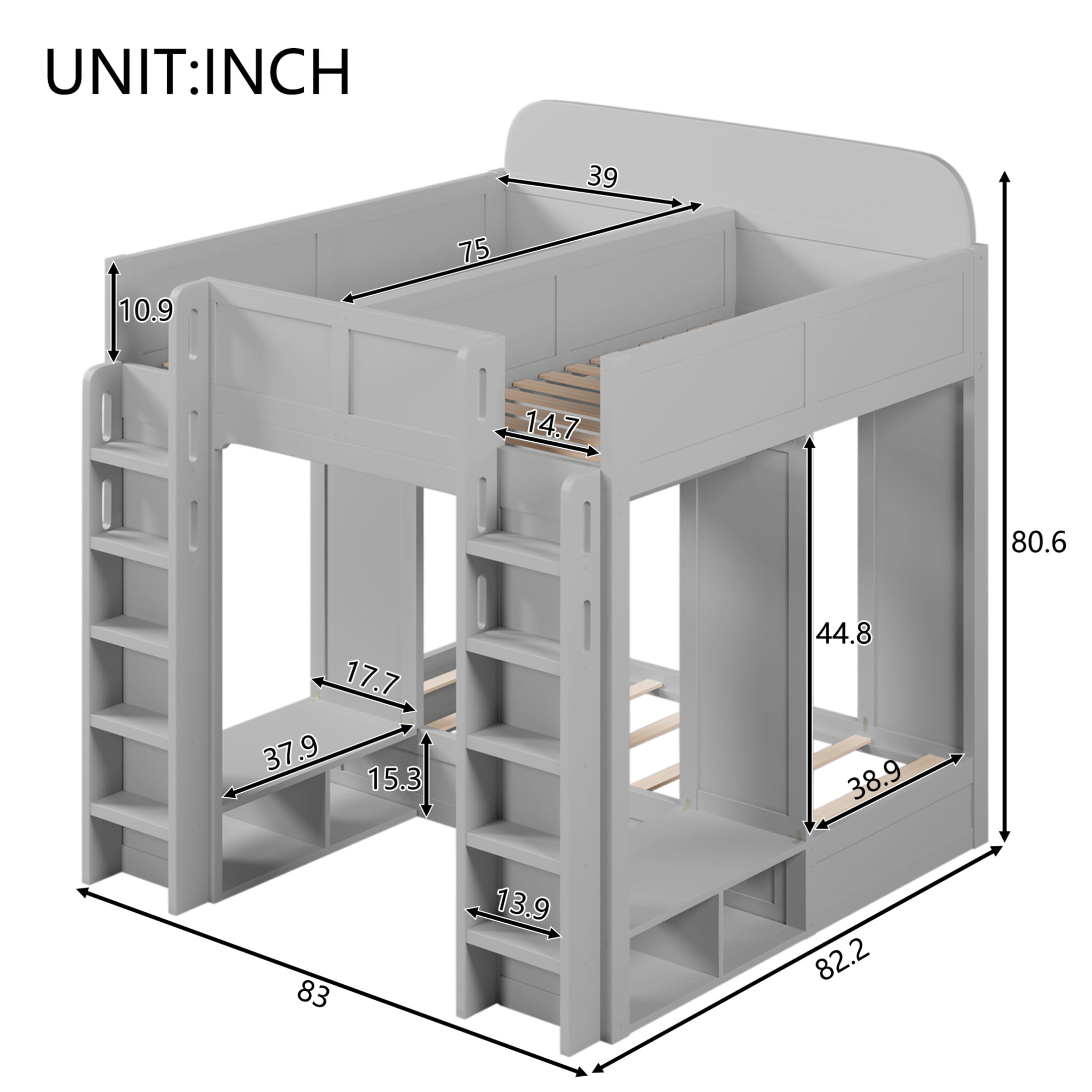 Noble House Triple Bunk Bed, Twin + Twin over Twin XL Loft Bed with Storage Shelves and Hooks, Space Saving, Gray