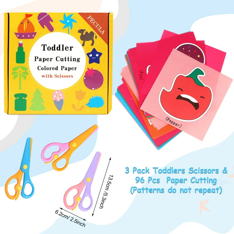 3 Pack Toddler Scissors, Kids Scissors, Plastic Children Safety Scissors,  Dual-Color Preschool Training Scissors(3 Pack), Paper Cutting(96 Pcs) Set  For Paper Craft Supplies 