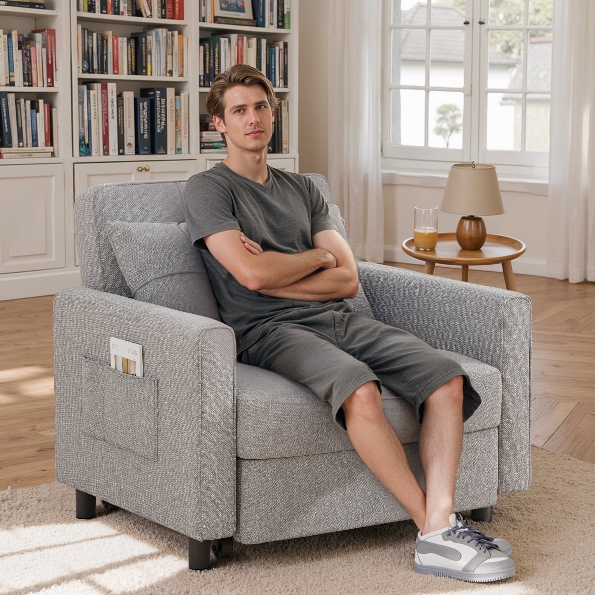Sofa Bed Chair Convertible, Sleeper Sofa with Pull-Out Bed, 3-in-1 Futon Couch with Reclining Backrest and Side Pocket, Light Grey