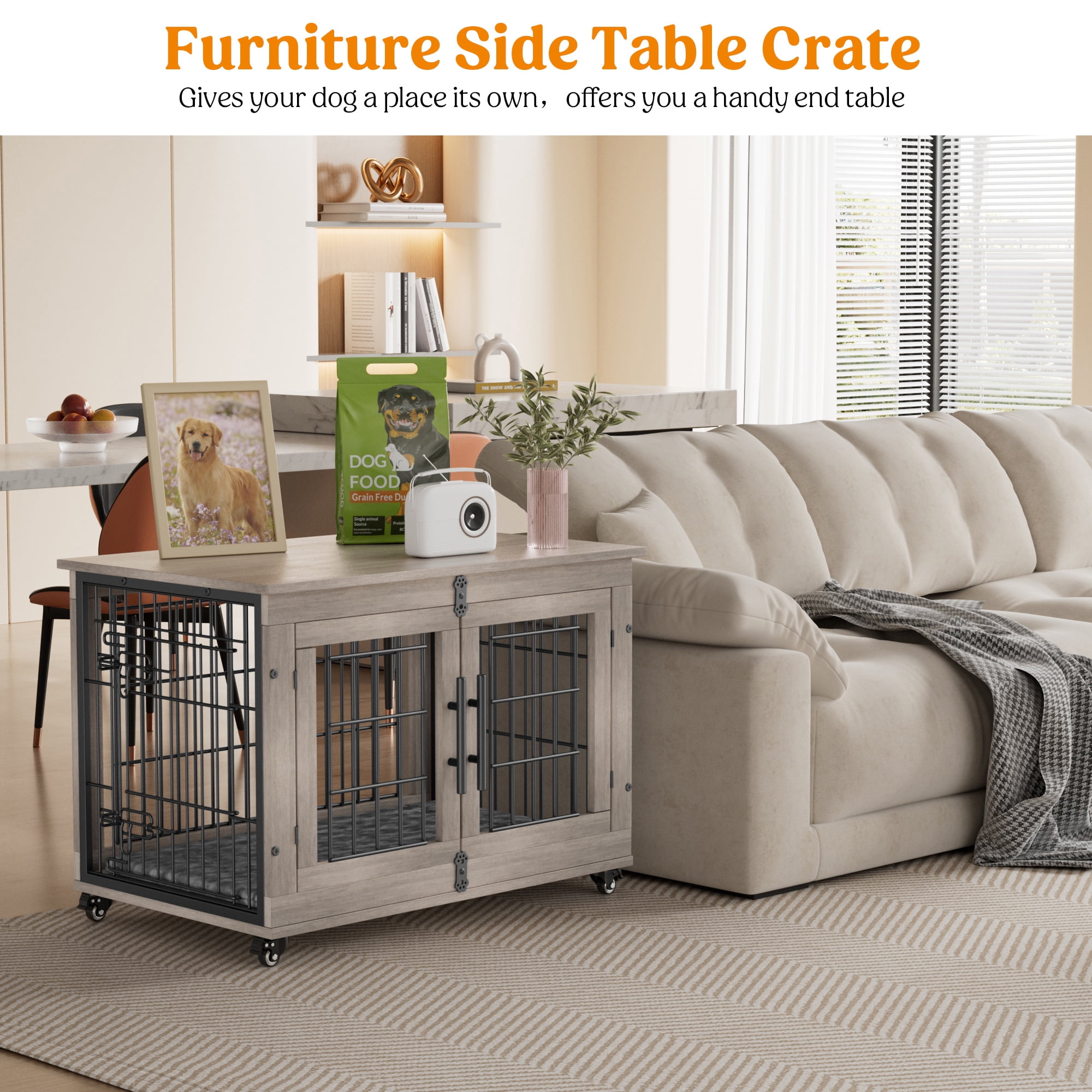 Aufeile Dog Crate Furniture with Wheels, 32 in Wooden End Table Dog Cage with 2 Doors and Removable Cushion, Indoor Pet Kennel for Medium Breeds, Gray