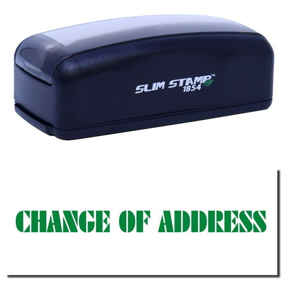 Large Pre-Inked Change Of Address Stamp, Slim 1854, Ultra Slim Design, Impression Size 1-13/16" by 2-1/2", Up to 25,000 Impressions - Green Ink