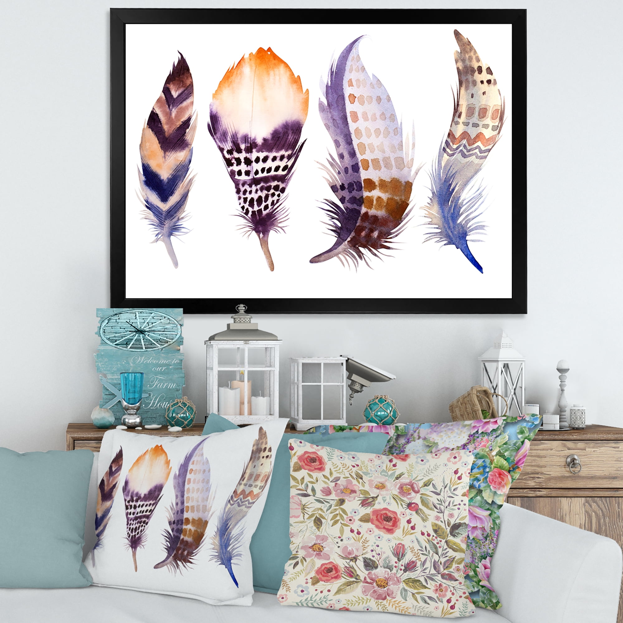 Designart 'Purple Boho Art Feathers' Bohemian & Eclectic Framed Art Print