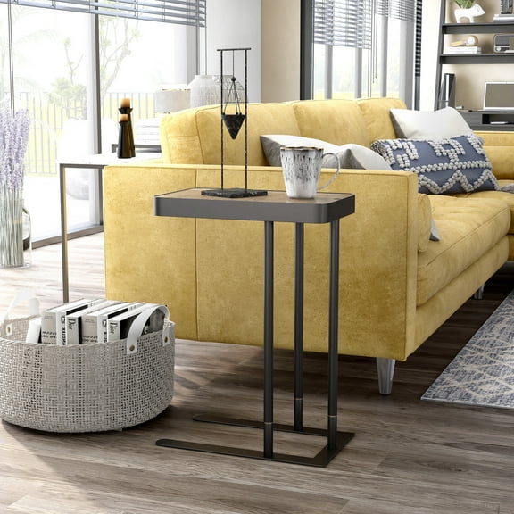 Schofield Adjustable Metal Side Table with Hidden Storage, Sand Black and Rustic Oak