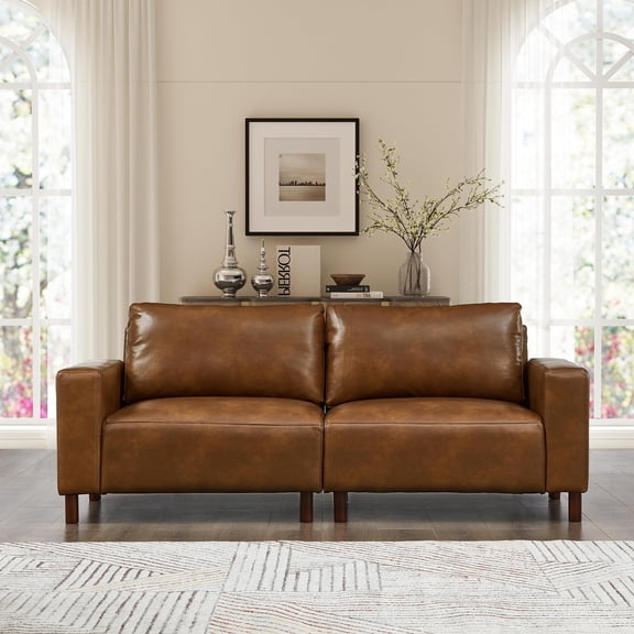 78.5" Brown Loveseat for Living Room, Apartment PU Leather Sofa, Modern Mid-Century Upholstered Couch, Comfortable 2-Seater with Solid Wood Frame