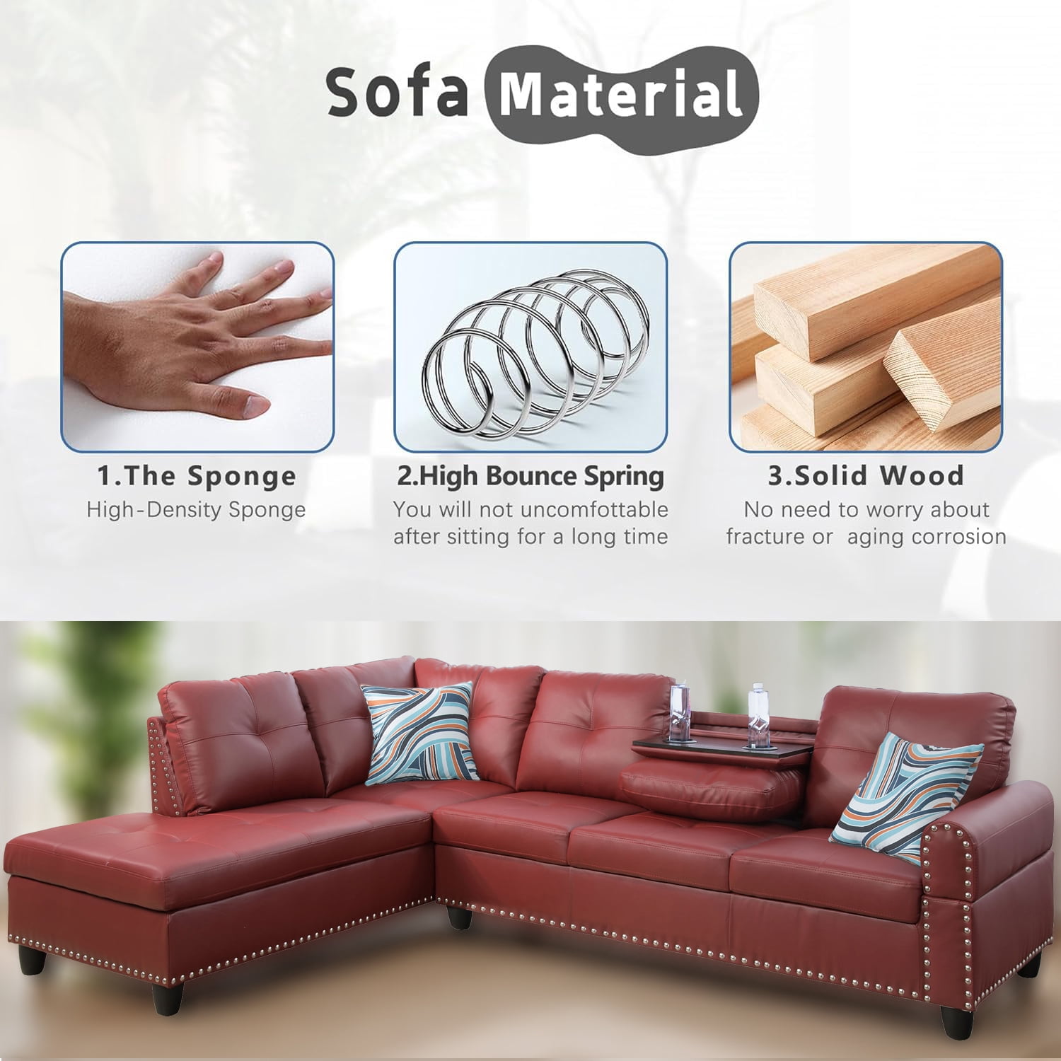 Sectional Couch for Living Room Furniture Sets, Faux Leather L Shape Living Room Sofa with Chaise 2 Piece Using for Apartment, Office, Bedrooms, Red(Facing Left Chaise)