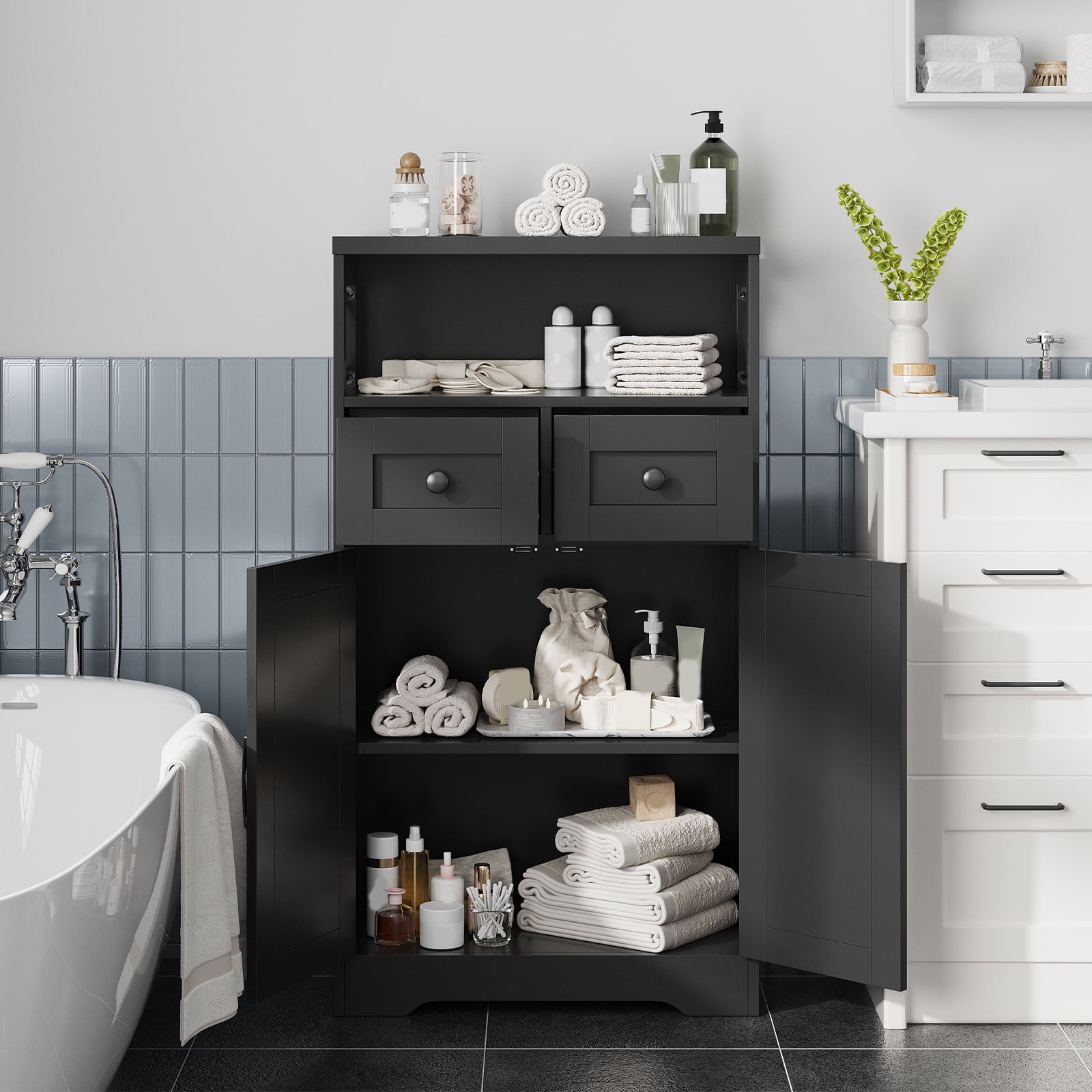 VEANERWOOD Bathroom Floor Cabinet Wooden Storage Organizer with 2 Barn Door, 2 Drawers & Adjustable Shelf, 42.7"H Floor Bathroom Storage Cabinet