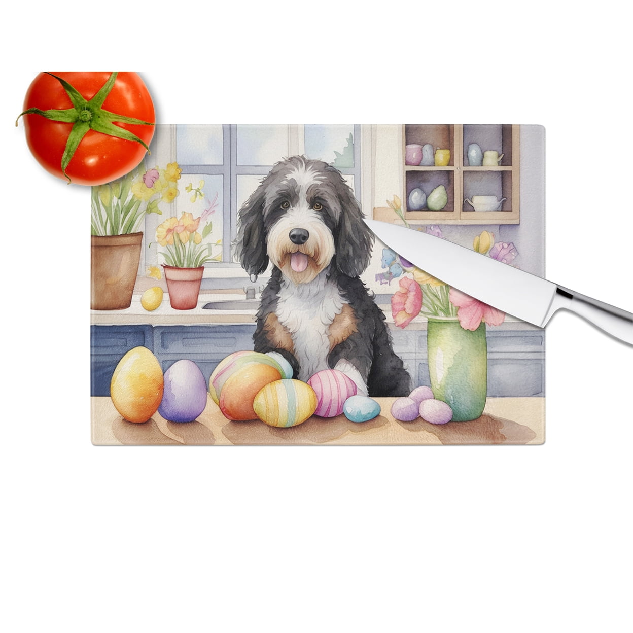Decorating Easter Bernedoodle Glass Cutting Board 12 in x 15 in