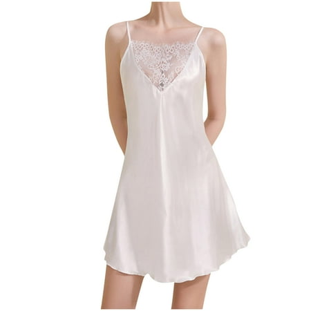 Lovskoo Women 2024 Sleepwear Satin Nightgown Babydoll Sleepwear Dress Mini Slip Chemise Nightwear White