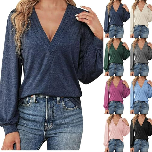 ATOYSOY Solid Color Tops Deep V Neck Pullovers Loose Shirts for Women Outwear Fall Casual Trendy Long Sleeve Tees Green L