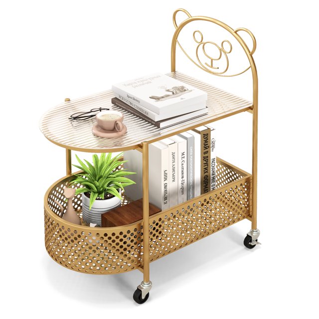 Gymax 2-Tier Mobile Glass Coffee Table with Bear Pattern Storage Basket, Transparent & Golden