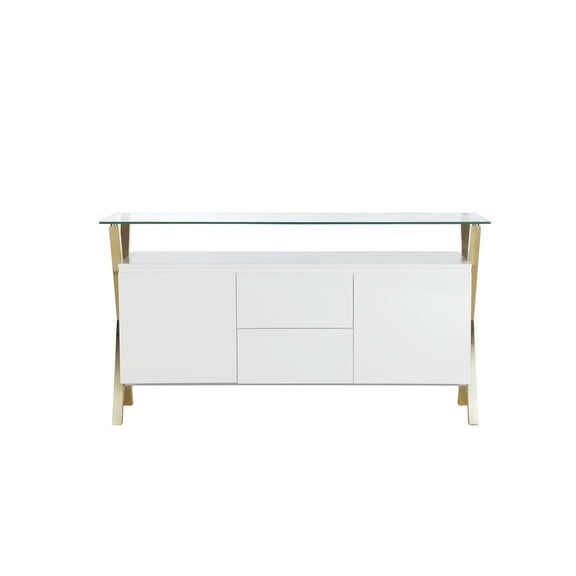 Pangea Home Beverly Modern Glass & Polished Steel Buffet in Gold/White and Clear