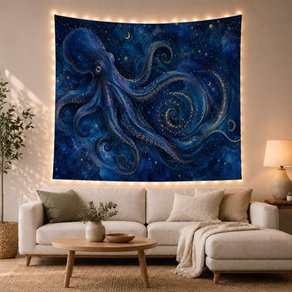 Moon Stars Dominated with Octopus Shades Head Upper, Mystical Fantasy for Space Lovers, Galaxy Room Decor, Graduation Gift, Tapestry Wall Hanging for Bedroom and Dorm