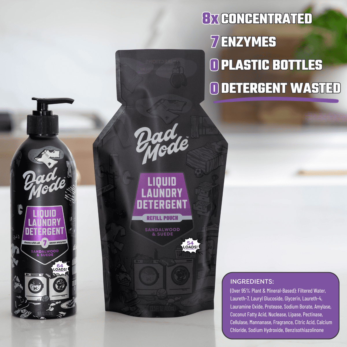 DadMode Liquid Laundry Detergent, 118 Loads, 7-Enzyme Detergent, Sandalwood & Suede Scent, Eco-Friendly, Zero Plastic Waste, 16oz Bottle + 13.5oz Refill