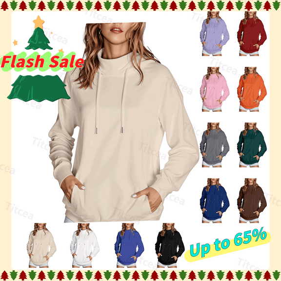Titcea Hoodies for Women, Stand Collar Solid Color Drawstring Sweatshirt with Front Pocket, Warm Comfy Loose Casual Sweaters Hoodie(S-2XL)