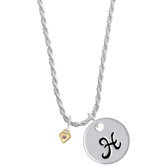 Delight Jewelry Goldtone Mini Light Purple Crystal Heart Silvertone Script Initial Disc - H - Charm Necklace, 20" 3"