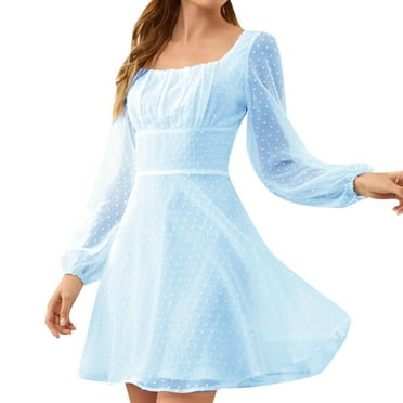 Aofany Women Dresses Casual Maxi Dress Casual Square Collar Solid Color Long Sleeve Slim Dress Party Dress for Women Summer and Autumn Beach Dress Sun Dress Light Blue M