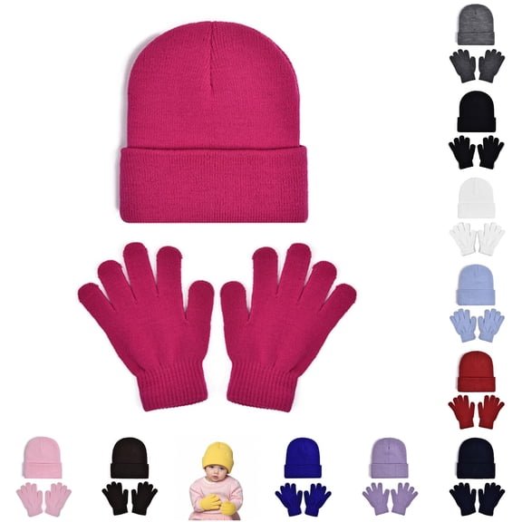 lnmuld Solid 2 Piece Kids Basic Cuffed Knit Beanie Hat and Knitted Gloves Winter Warm Accessory Set for Boys Girls Hot Pink,2-8 Years