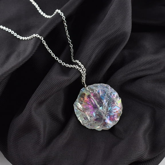 QNAVIC Raw Angel Aura Quartz Rough Coin Shape Gemstone Handmade Dainty Pendant Necklace, Healing Chakra Crystals, Birthstone Gift for Women, Silver Plated Chain 18 inch