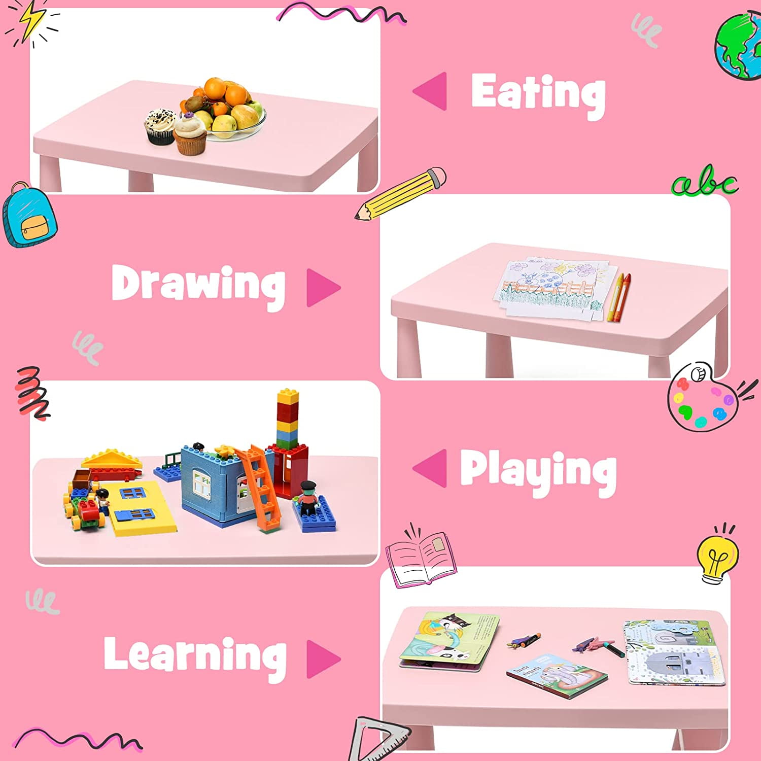 ZJTER Kids Table and Chair Set, Plastic Children Activity Table and 2 Chairs for Art Craft, Easy-Clean Tabletop, 3-Piece Toddler Furniture Set for Daycare Playroom, Gift for Boys Girls(Pink)