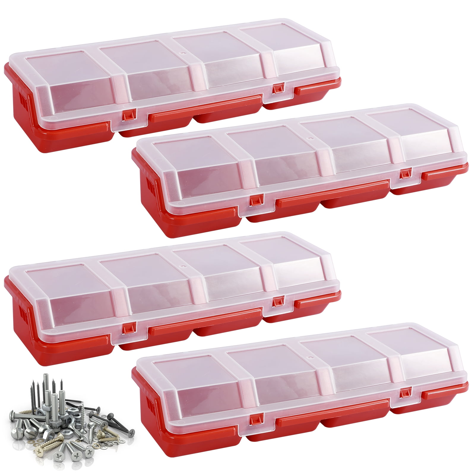 NUAHRHY 4Pcs Parts Storage Box Plastic Screw Organizer Box with 4 Compartment Small Tool Part Container Bin with Lid and Lock Durable Divided Hardware Storage Bin for Garage Workshop