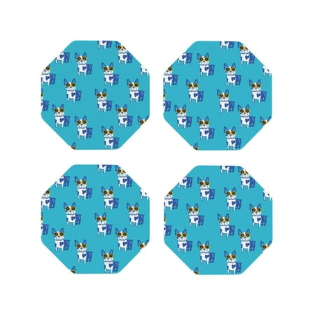 

Leather Coasters Set of 4 - Cute Funny Glasses French Bulldog Lightweight Non-Slip Drink Coasters for Desk Anti-Scalding Desk Cup Coasters for Office Table Decor Octagon
