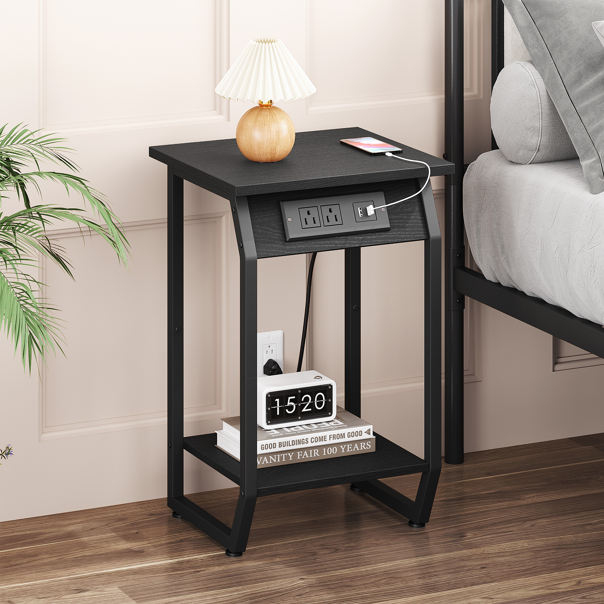 Side Table with Charging Station, Vintage End Table with USB Charging Ports and Outlets for