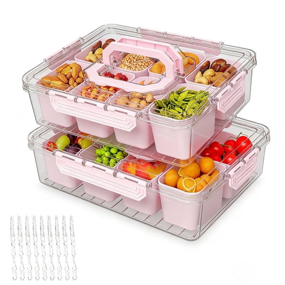 Divided Serving Tray with Lid & Handles, 8-Compartment Snack Box, Charcuterie Organizer for Candy, Nuts, Fruits, Snacks, Pink, 2 Pack