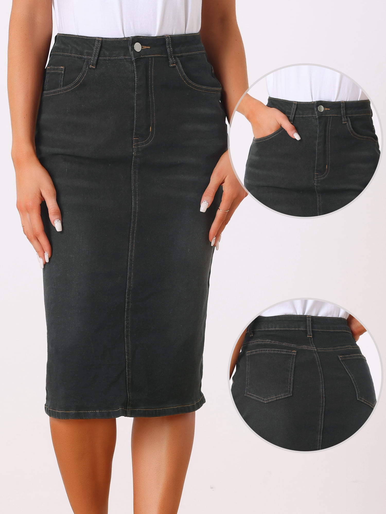 DARING DIVA Women's Zipped and Button Denim Split Back Pockets Midi Jean Skirts M Black