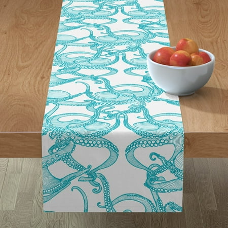 

Cotton Sateen Table Runner 90 - Blue White Ocean Sea Creatures Turquoise Octopus Ocean Print Custom Table Linens by Spoonflower